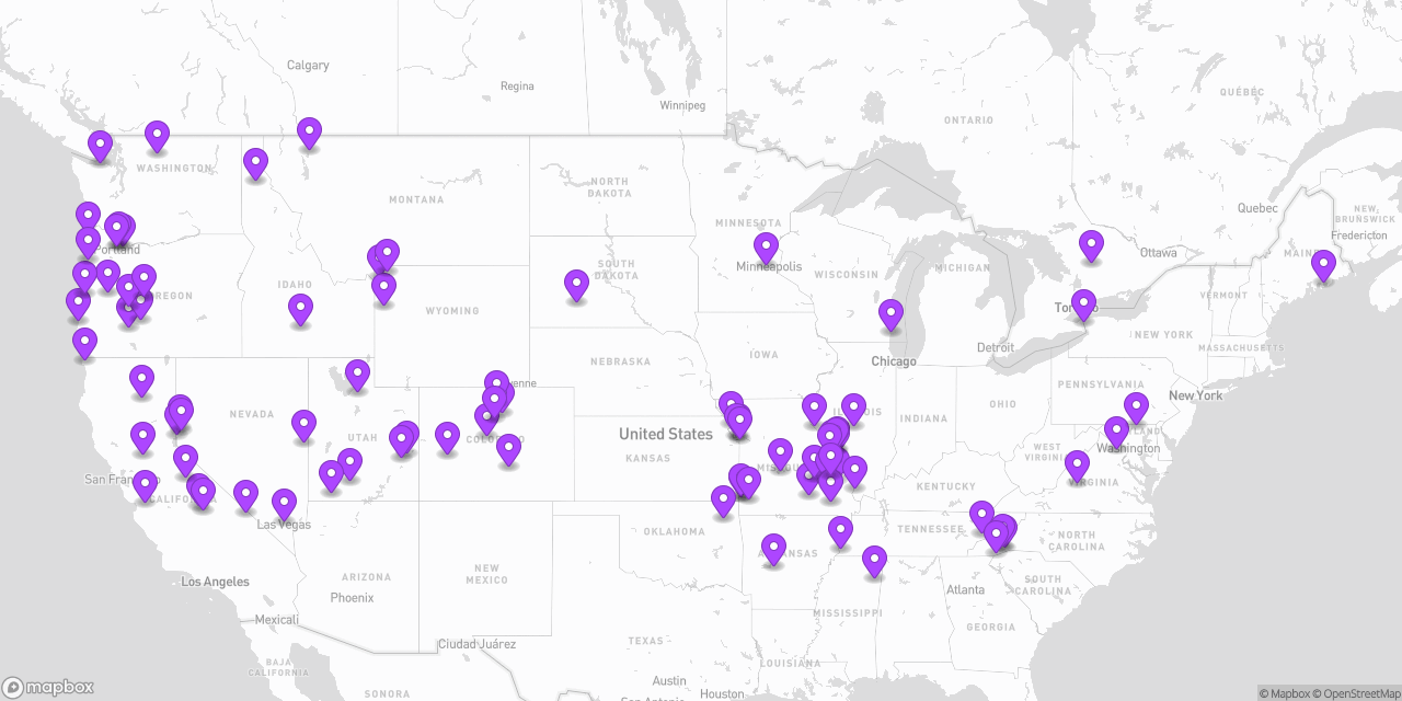Map of the United States with purple pins marking 47 states I have visited